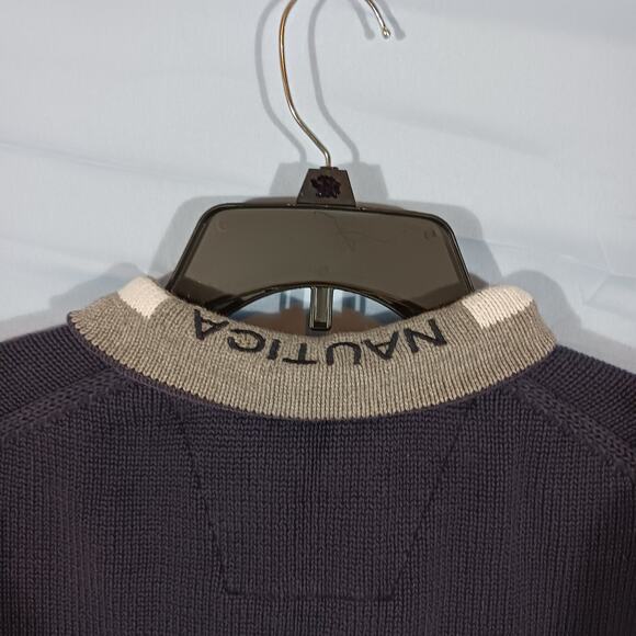 Nautica Mens Sweater XL Blue Wide Gray Stripe 1/4 Zip Long Sleeve Heavy Sweater - Picture 11 of 13
